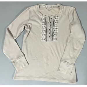 Eddie Bauer Tan Beige Boho Bohemian Long Sleeve Henley Shirt Top Blouse Tee XS ✨
